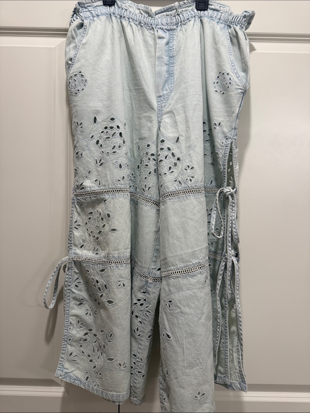 Free People Pale Blue Eyelet Wide Leg Jeans with Side Ties